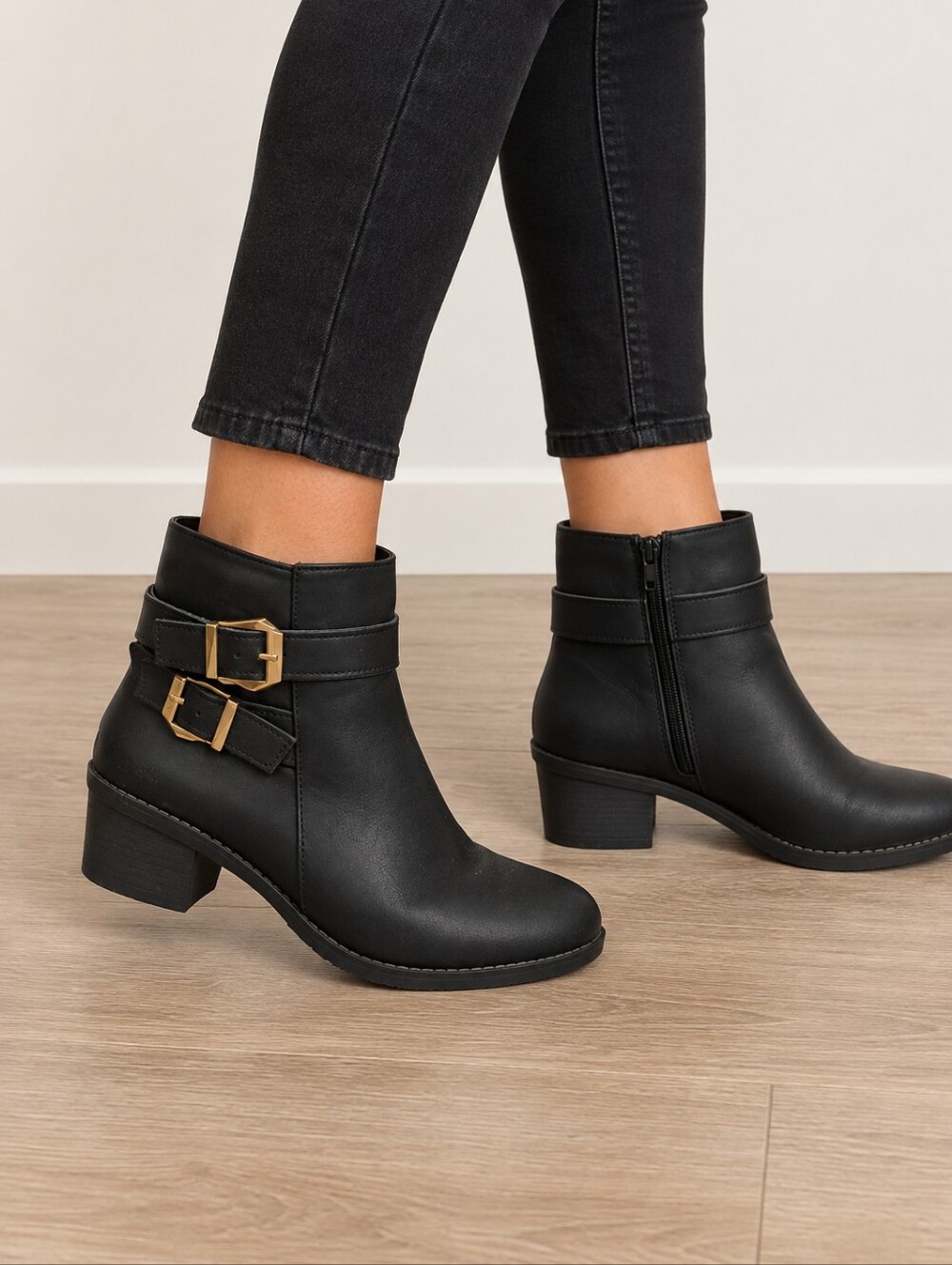 Black Ankle Boots with Gold Buckle - Size 7